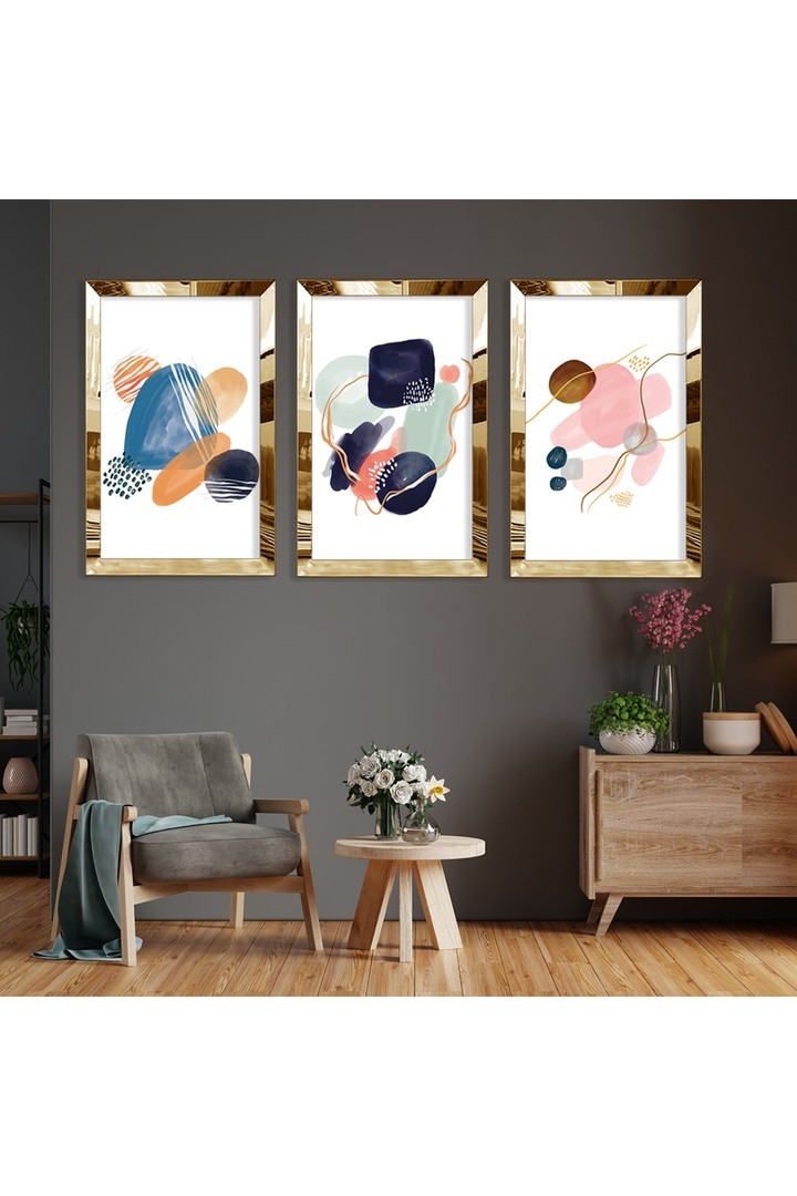 Ofis Tablosu Şekiller Soyut Desen Gold Pleksi Kenar 3'Lü Solmaz MDF Tablo
