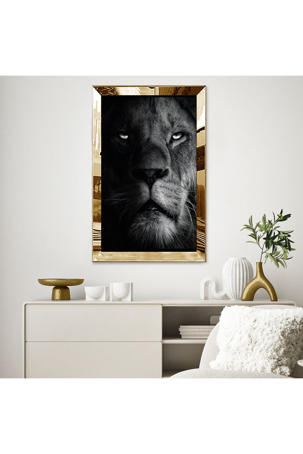 GOLD  AYNALI PLEKSİ ÇERÇEVELİ SİYAH BEYAZ YAKIN GÖRÜNTÜ ASLAN TABLOSU