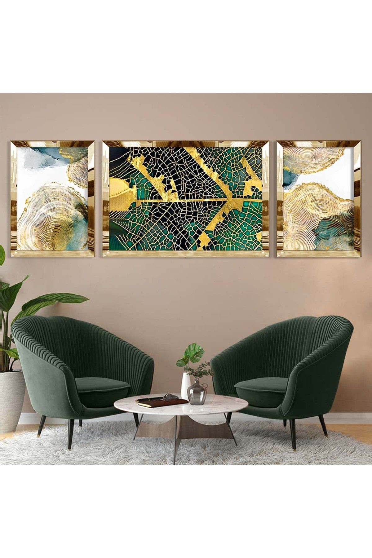 Gold Aynalı Pleksi Çerçeveli Üçlü Yaprak Desenlii Mdf Tablo Seti