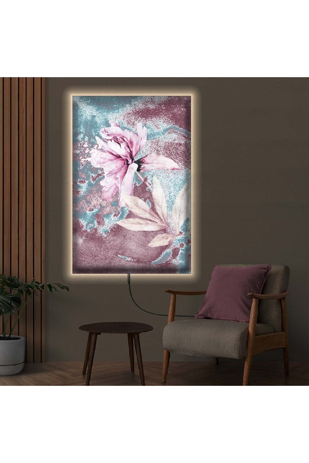 Modern Tablo Ledli Çiçek Desen Ahşap Şase Dijital Baskı Kanvas Tablo 50X70Cm