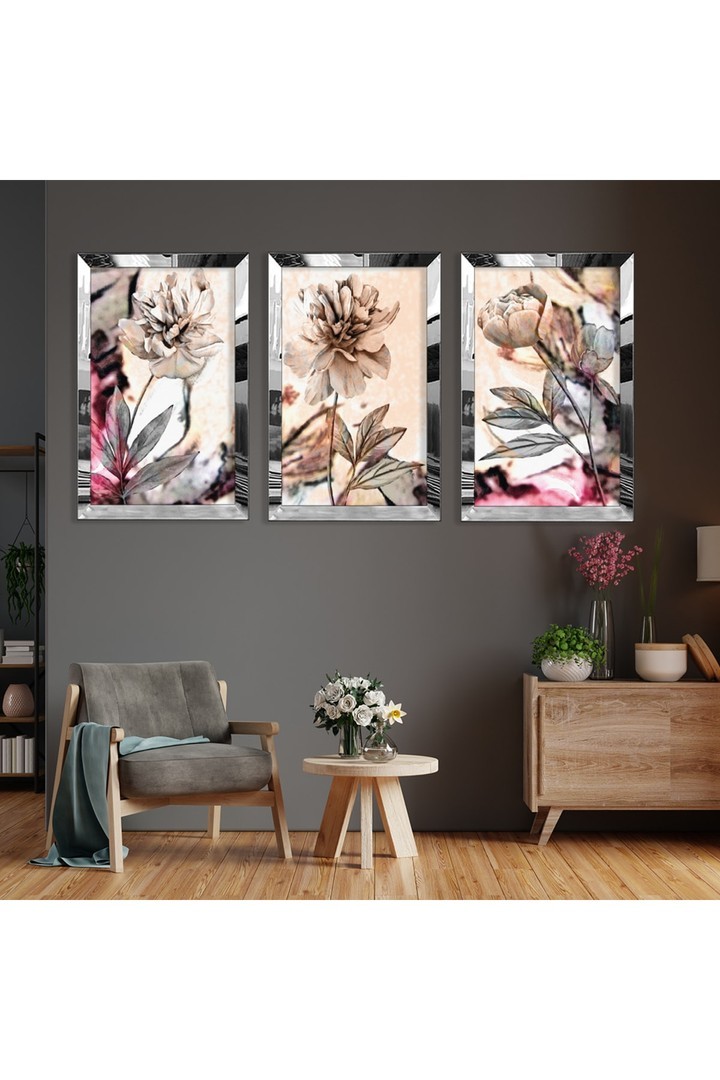 Minimalist Soyut Desen Çiçek Gold Pleksi Kenar 3'Lü Solmaz MDF Tablo