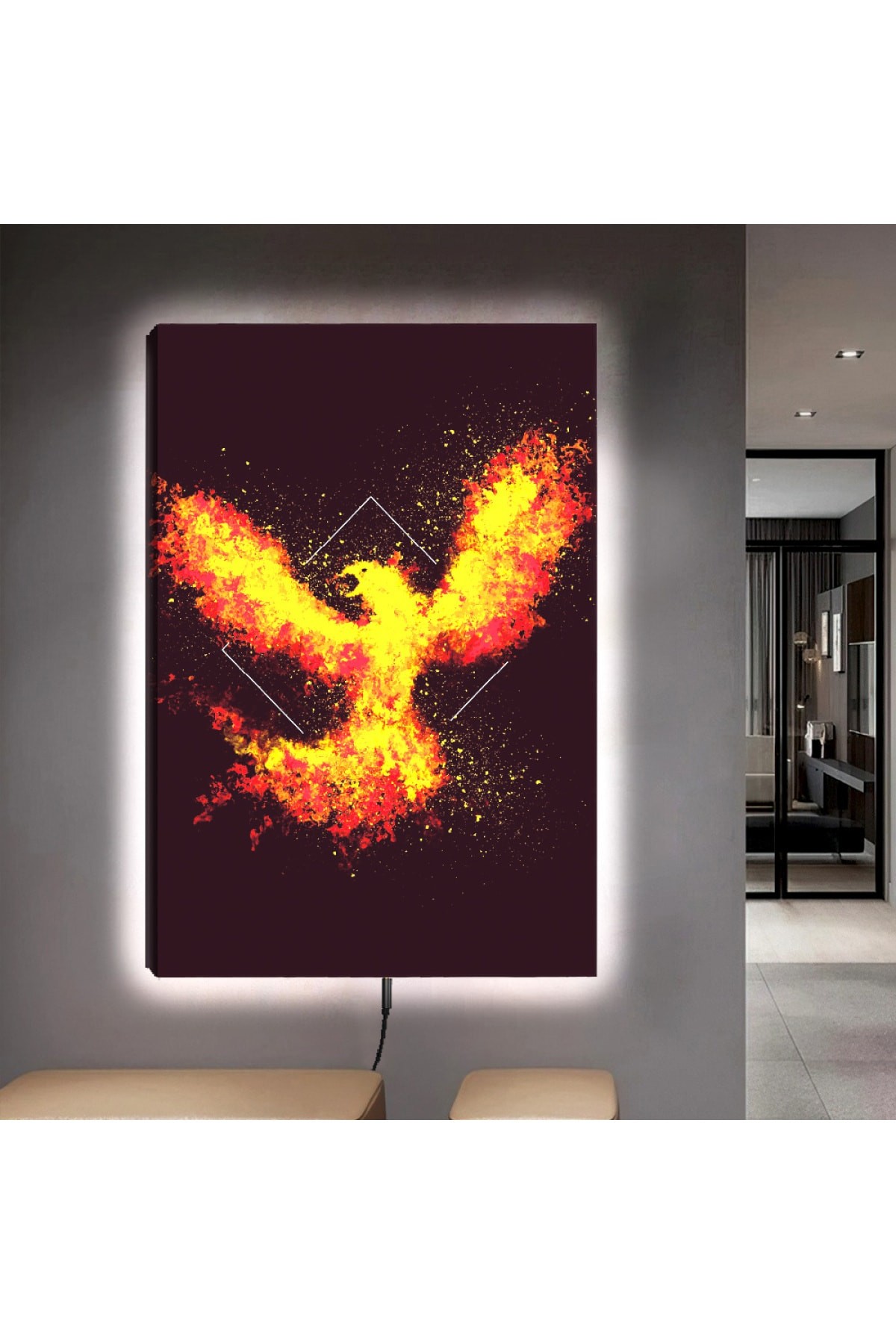 Ledli Alevli Kuş Ahşap Şase Dijital Baskı Kanvas Tablo 90X60Cm