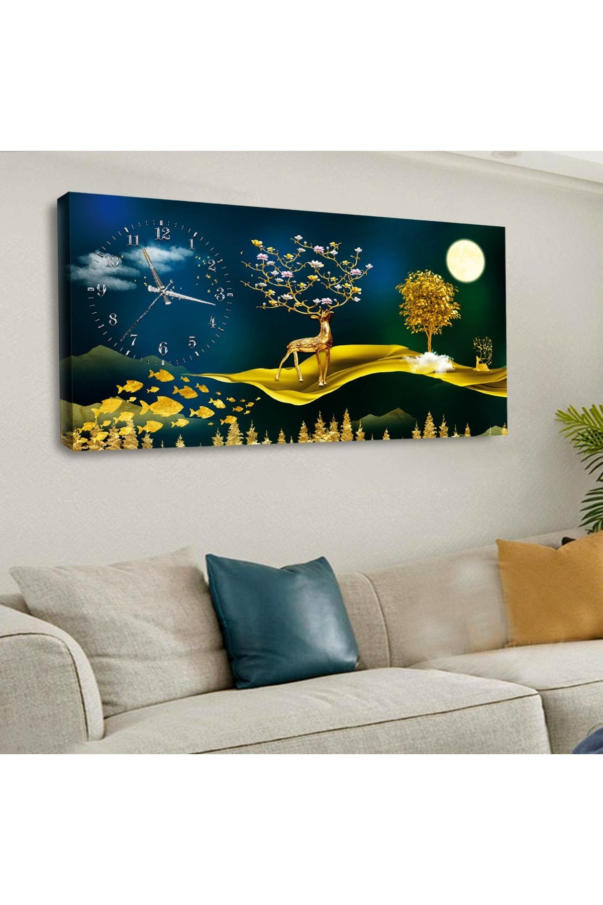120 X 60 Saatli Kanvas Geyik Tablo