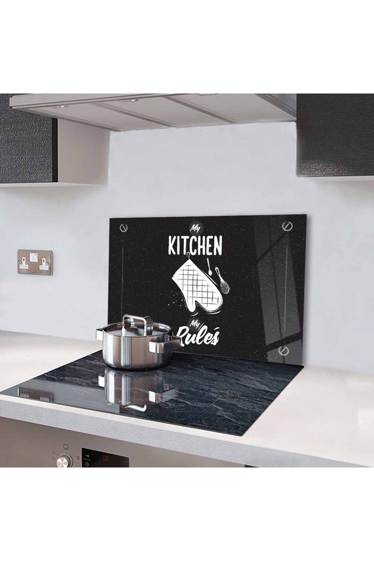 Ocak Arkası Temperli Cam "My Kitchen My Rules" Desenli Yazılı
