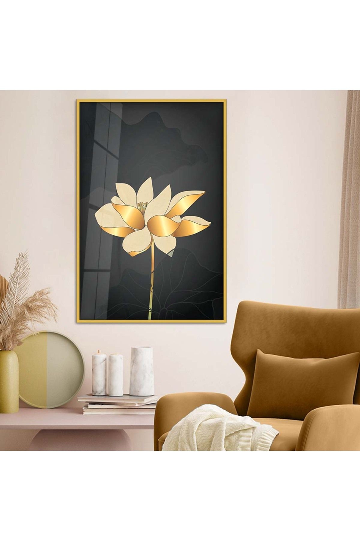 Gold Metal Çerçeveli Kolaj Çizim Çiçek Desen Kırılmaz Cam Tablo