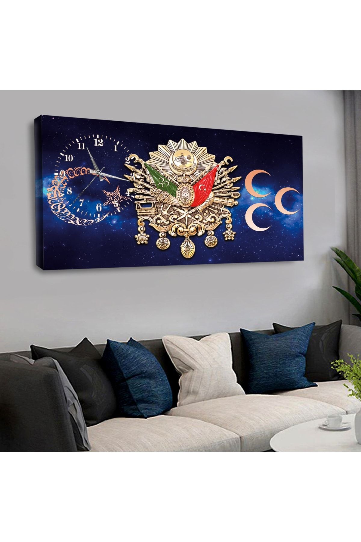 120x60 Saatli Osmanlı Tuğrası Kanvas Tablo