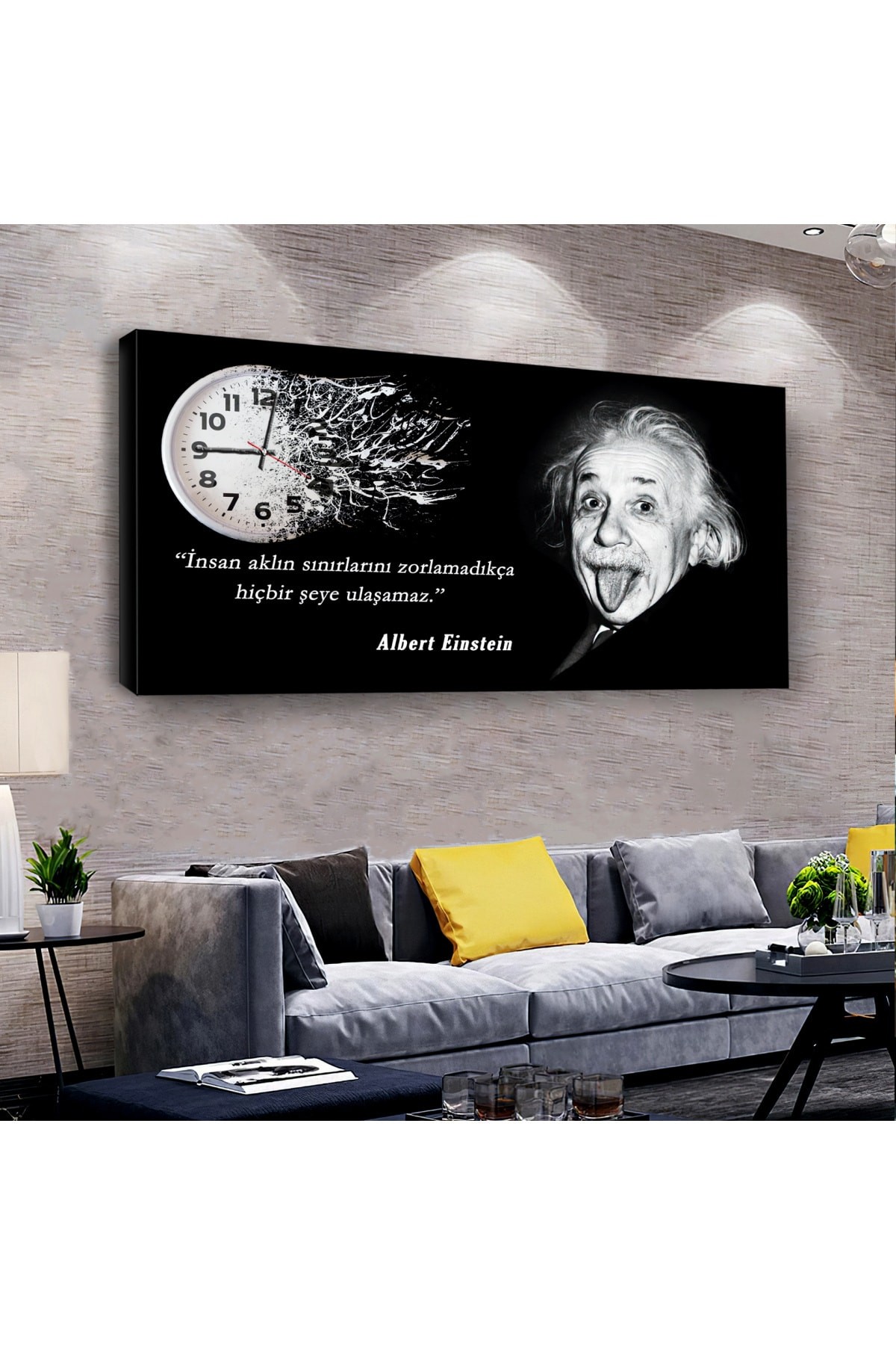Albert Einstein saatliAhşap Şase Dijital Baskı Kanvas Tablo 120X60Cm