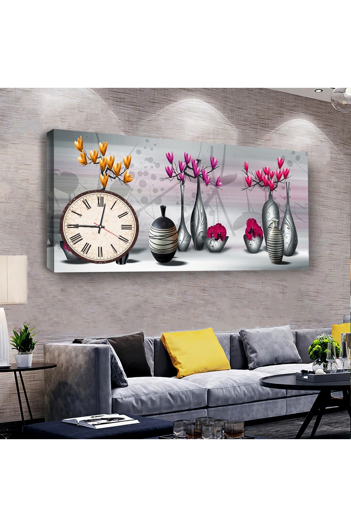 Vazo Çiçek saatliAhşap Şase Dijital Baskı Kanvas Tablo 120X60Cm
