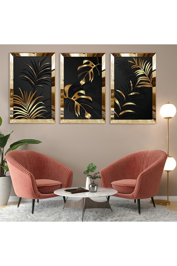 Altın Bitki Soyut Desen Gold Pleksi Kenar 3'Lü Solmaz MDF Tablo