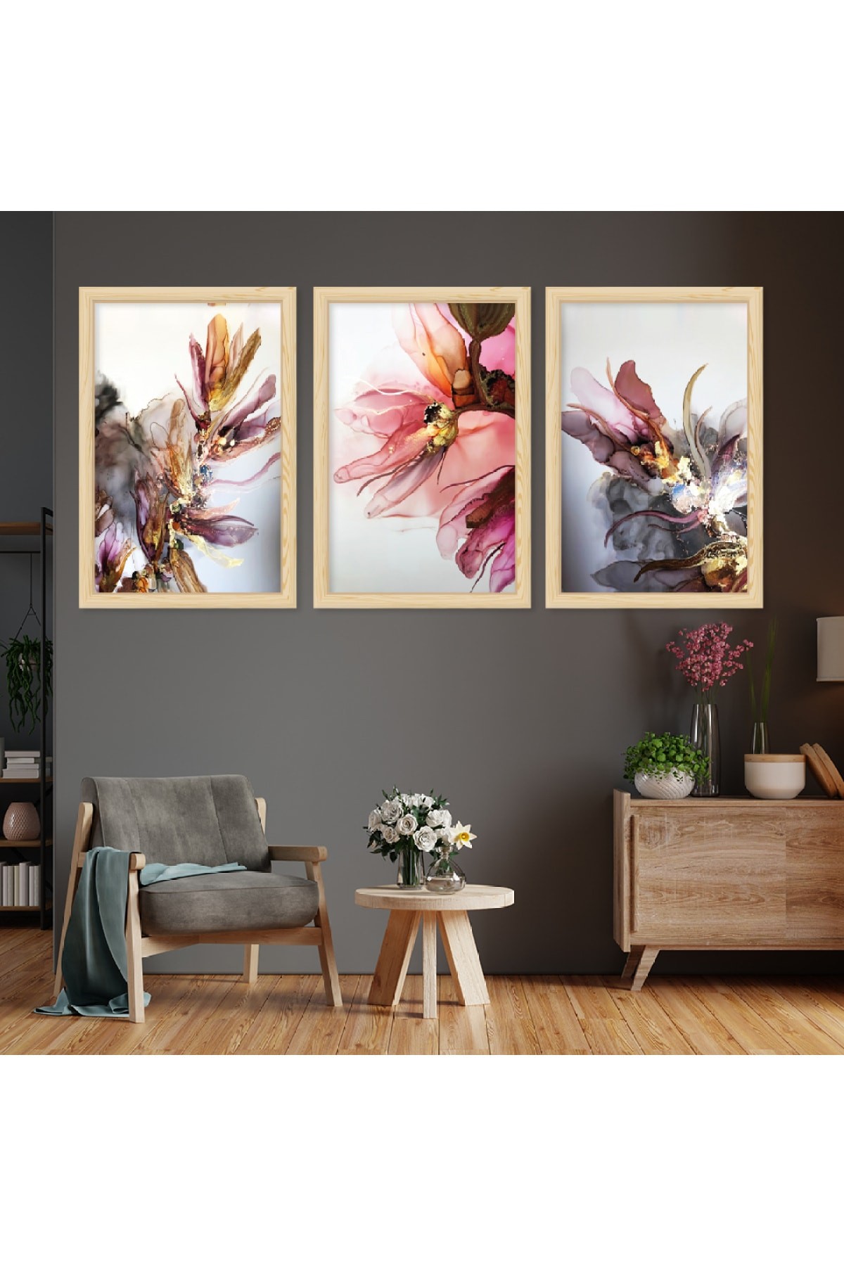 Ahşap Çerçeveli Renkli Çiçek Modern Tablo