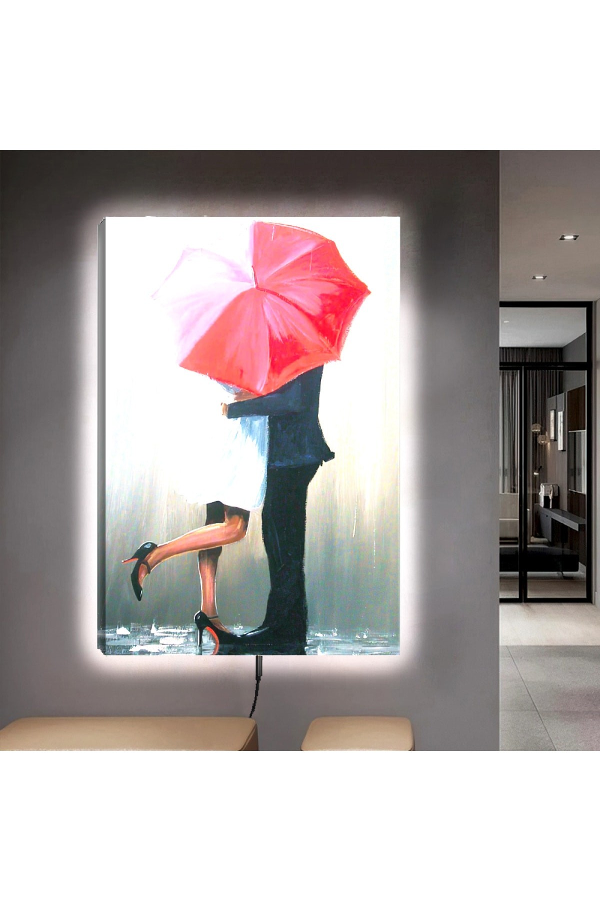 Ledli Paris Aşıkları Ahşap Şase Dijital Baskı Kanvas Tablo 90X60Cm