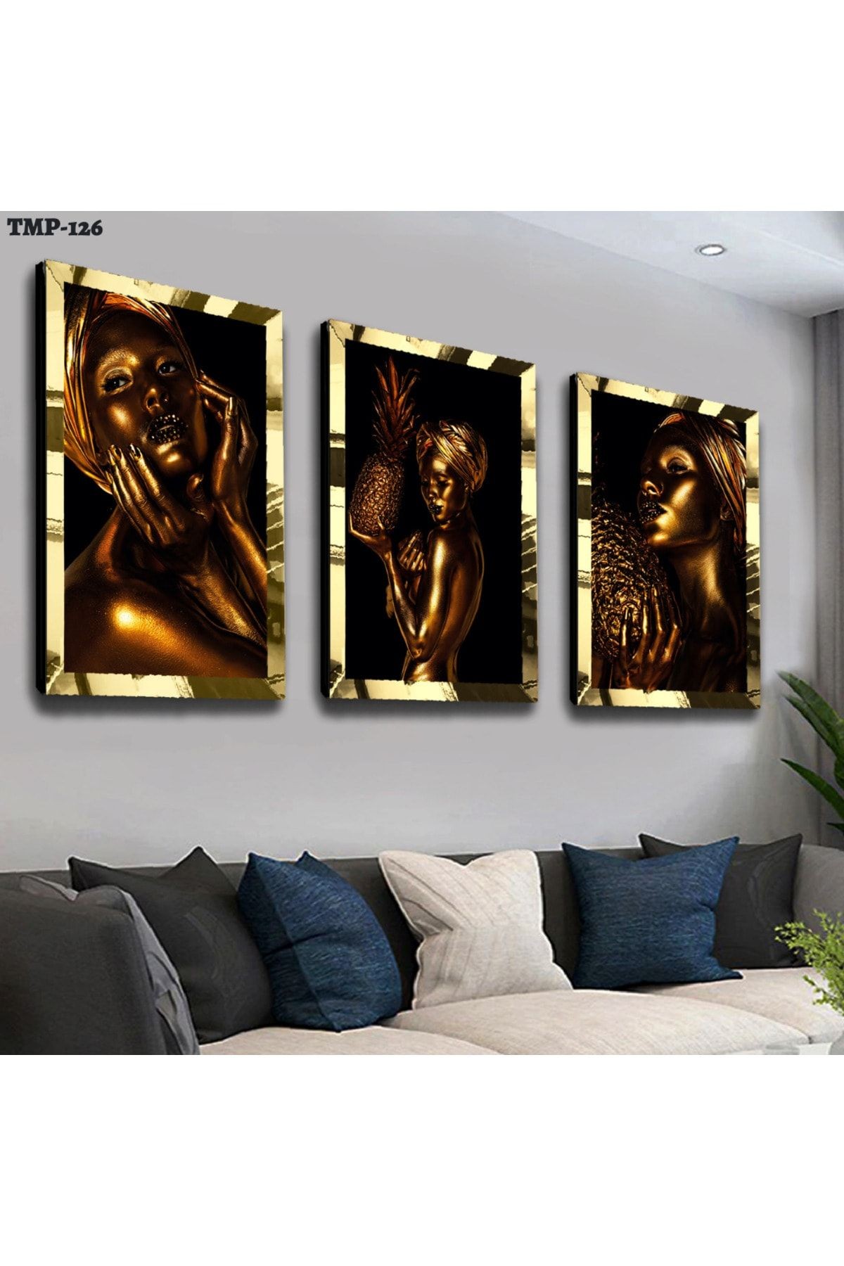 Gold Aynalı Pleksi Çerçeveli Altın Kız Üçlü Mdf Tablo Seti