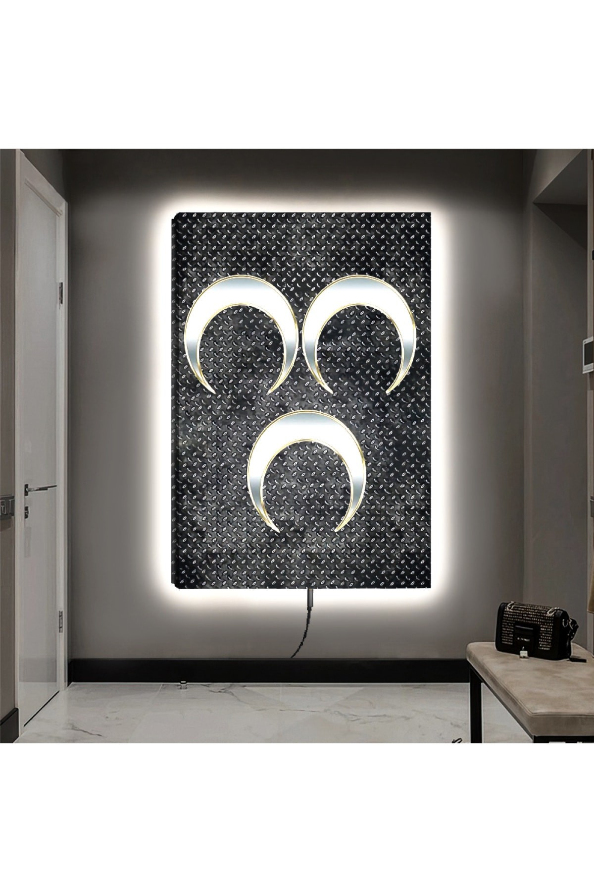 Canlı Ledli 3 Hilal Ahşap Şase Dijital Baskı Kanvas Tablo 90X60Cm