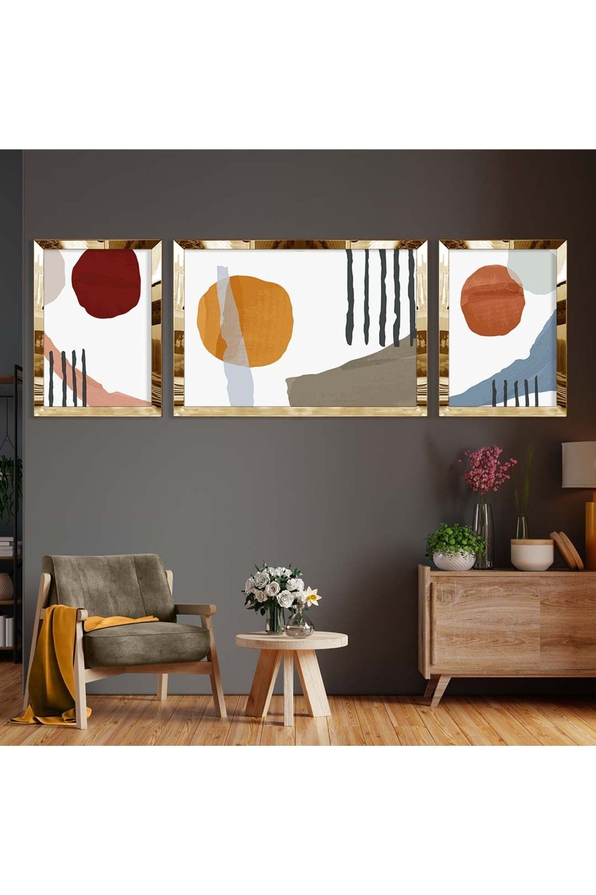 Gold Aynalı Pleksi Çerçeveli Üçlü Beyaz Arka Planlı Modern Mdf Tablo Seti