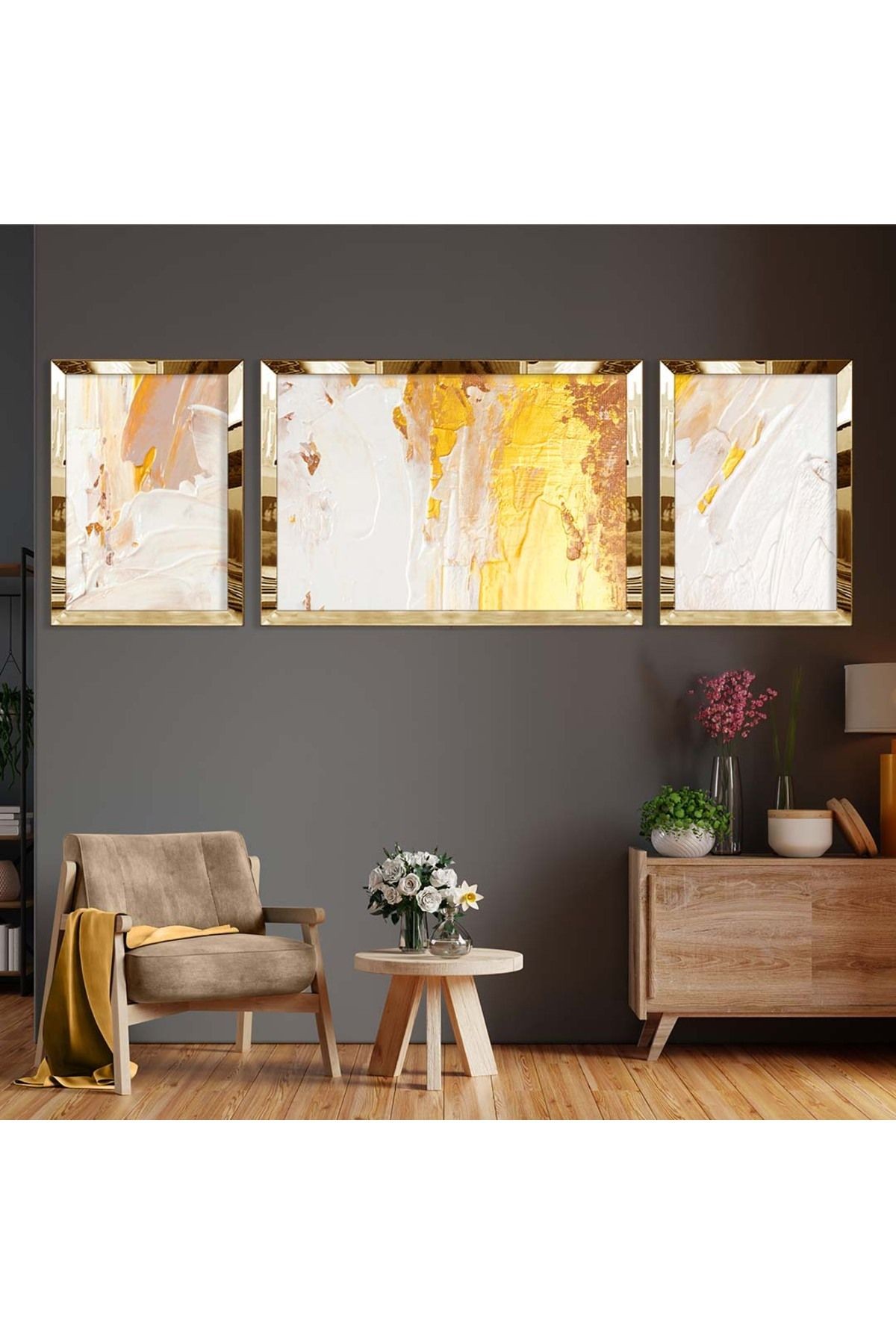 Gold Aynalı Pleksi Çerçeveli Üçlü Soyut Altın Desenli Mdf Tablo Seti
