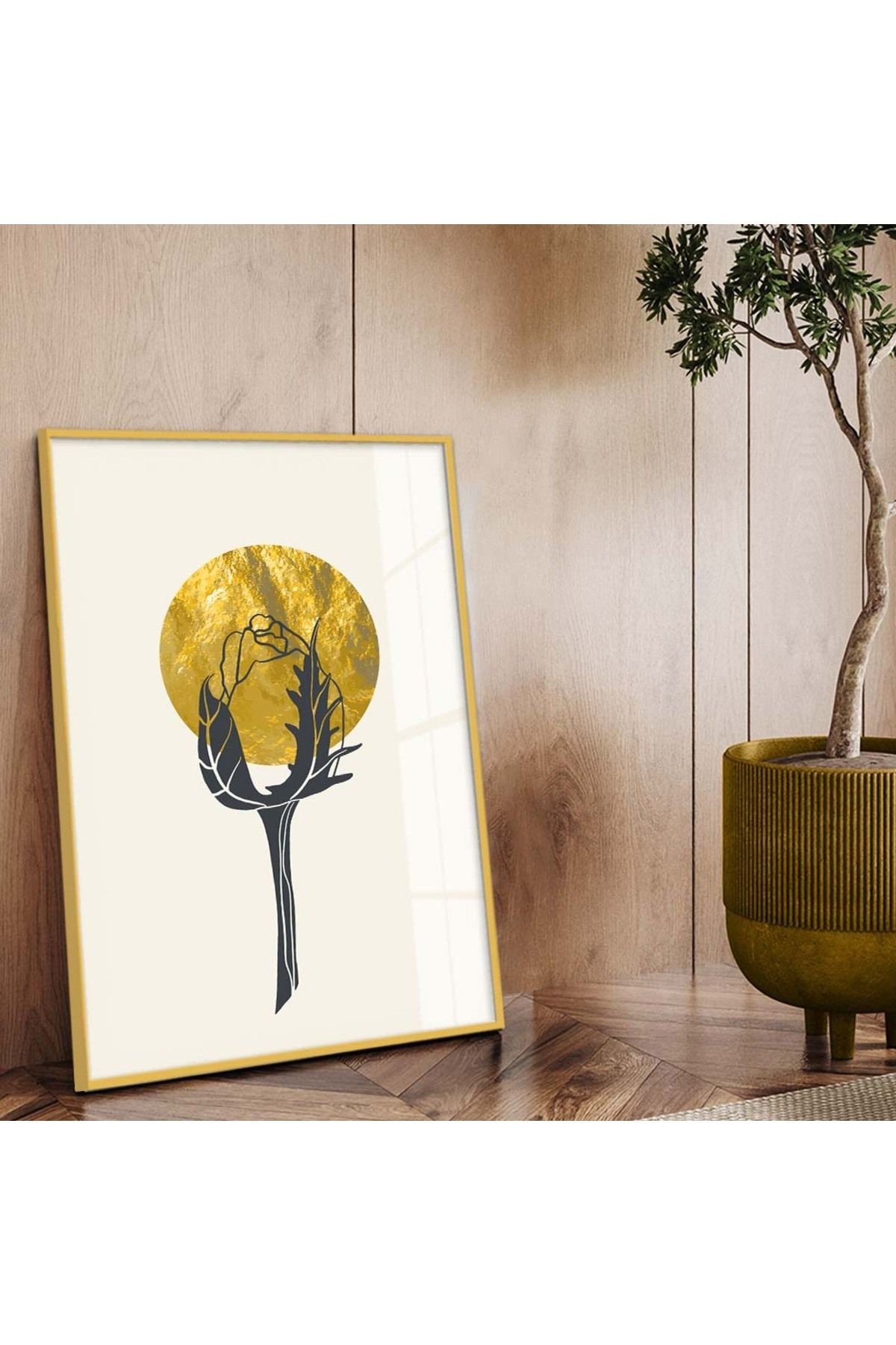 Gold Metal Çerçeveli Modern Çizim Gül Tema Kırılmaz Cam Tablo