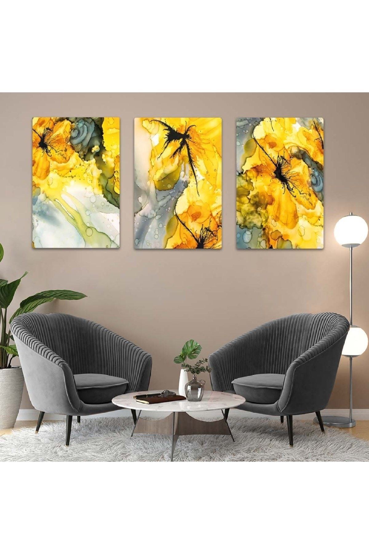 Üçlü Mdf Sarı Renk Modern Tablo Seti