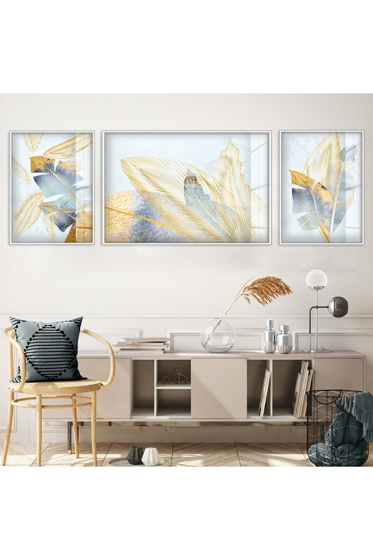 Minimal Huzur Çizim Soyut Desen 3'Lü Metal Çerçeveli UV Baskı Kırılmaz Cam Tablo