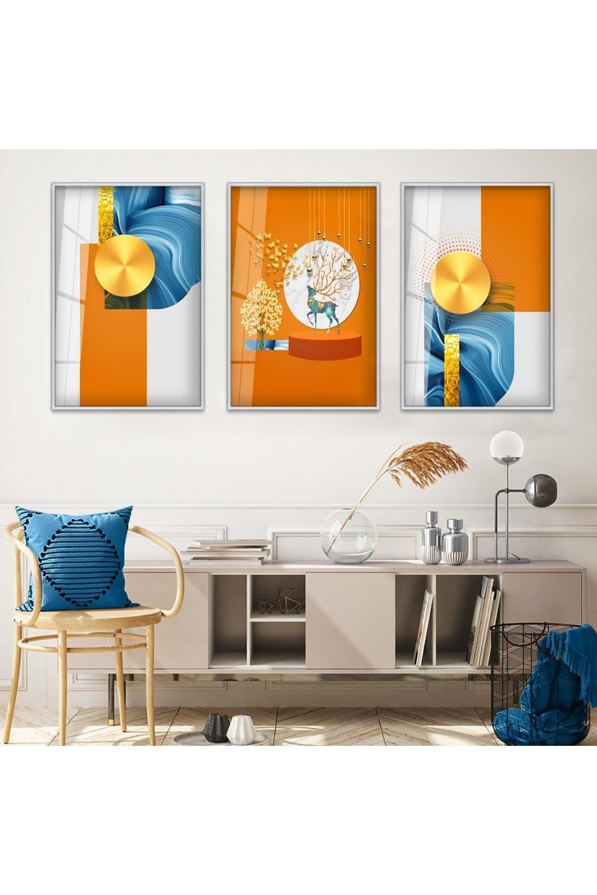 Duvar Sanatı Huzur Minimalist Soyut Desen 3'Lü Metal Çerçeveli UV Baskı Kırılmaz Cam Tablo