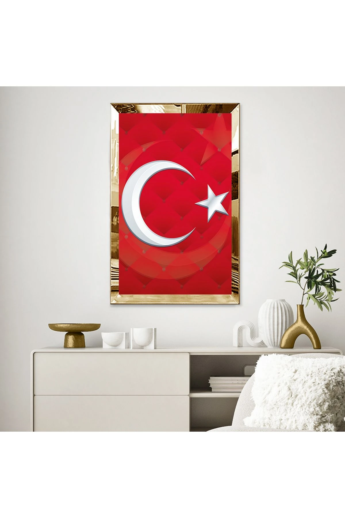 GOLD AYNALI PLEKSİ ÇERÇEVELİ KRIMIZI ARKA PLANLI AY YILDIZ BAYRAK TABLO