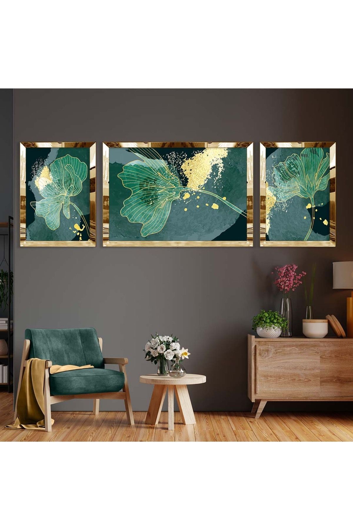 Gold Aynalı Pleksi Çerçeveli Üçlü Yeşil Arka Planlı Gold Desenli Mdf Tablo Seti