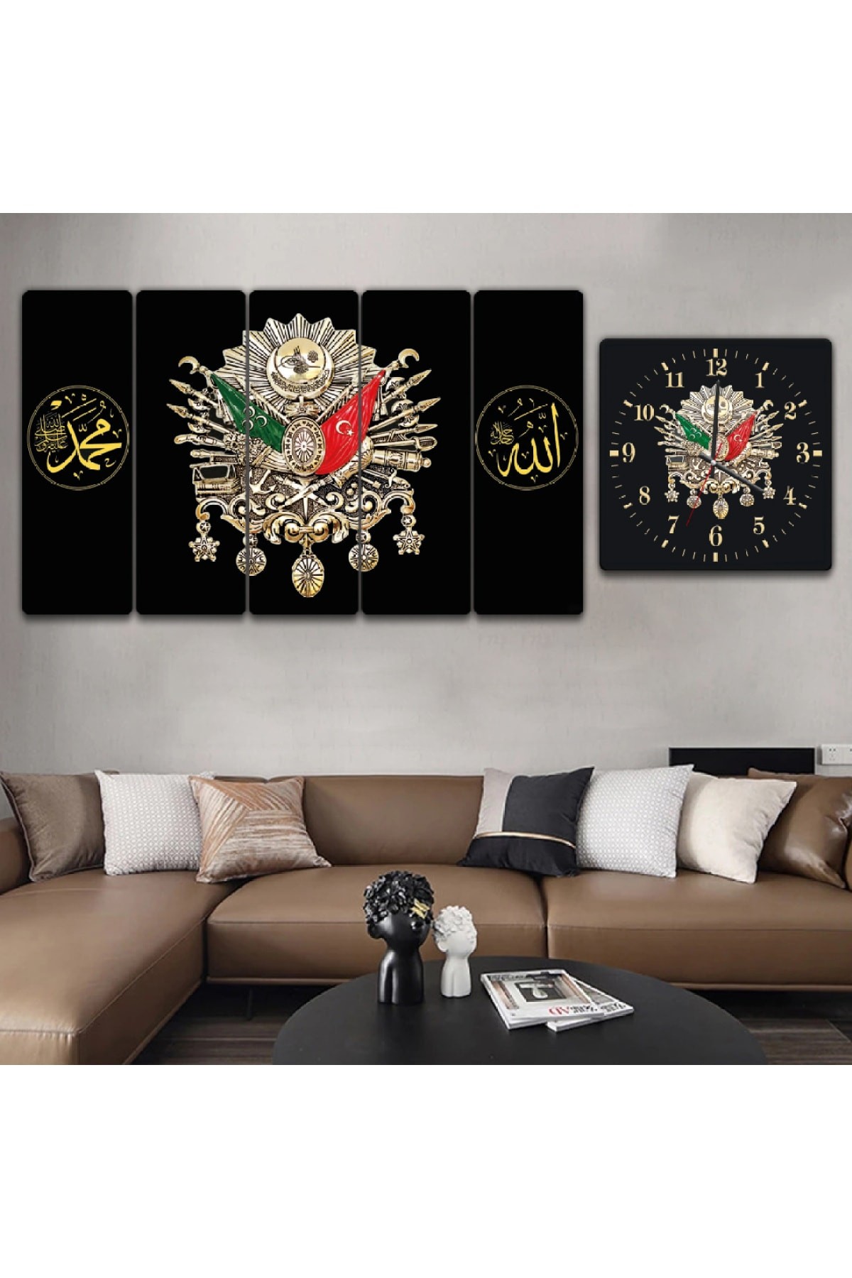 Oturma Odası Tablosu Minimalist Osmanlı Tuğrası Solmaz MDF Tablo Ve Saat Kombin