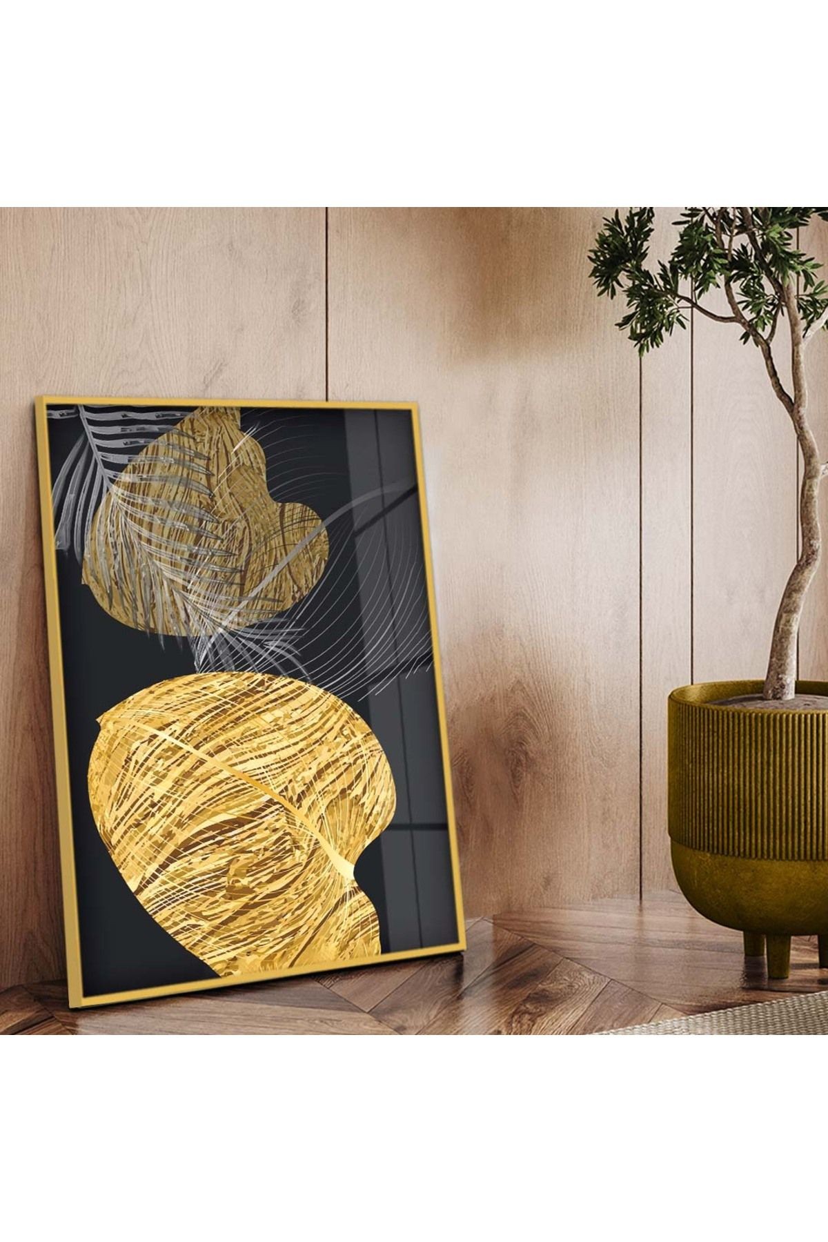 Gold Metal Çerçeveli Kolaj Çizim Yaprak Desen Kırılmaz Cam Tablo