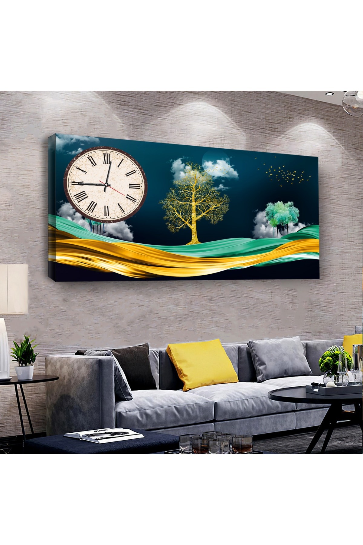 Renkli Kolaj Çizim saatliAhşap Şase Dijital Baskı Kanvas Tablo 100X50Cm
