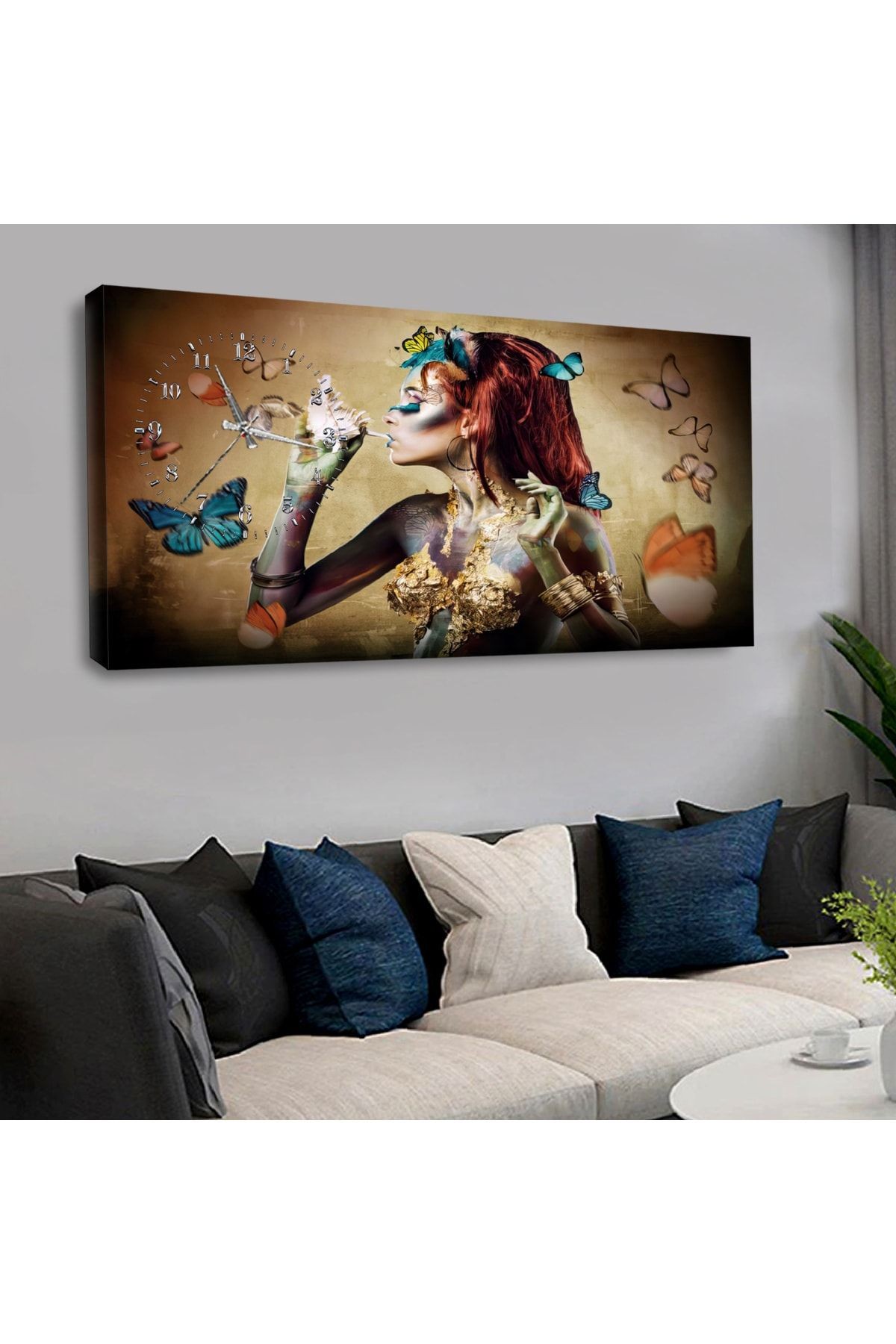 120x60 Saatli Afrikalı Kadın Kanvas Tablo