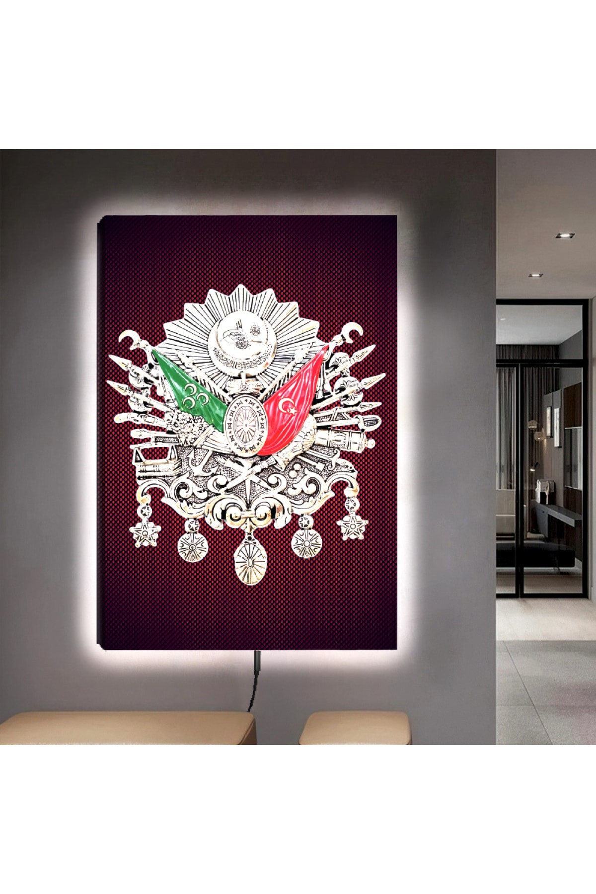 Minimal Ledli Osmanlı Tuğrası Ahşap Şase Dijital Baskı Kanvas Tablo 90X60Cm