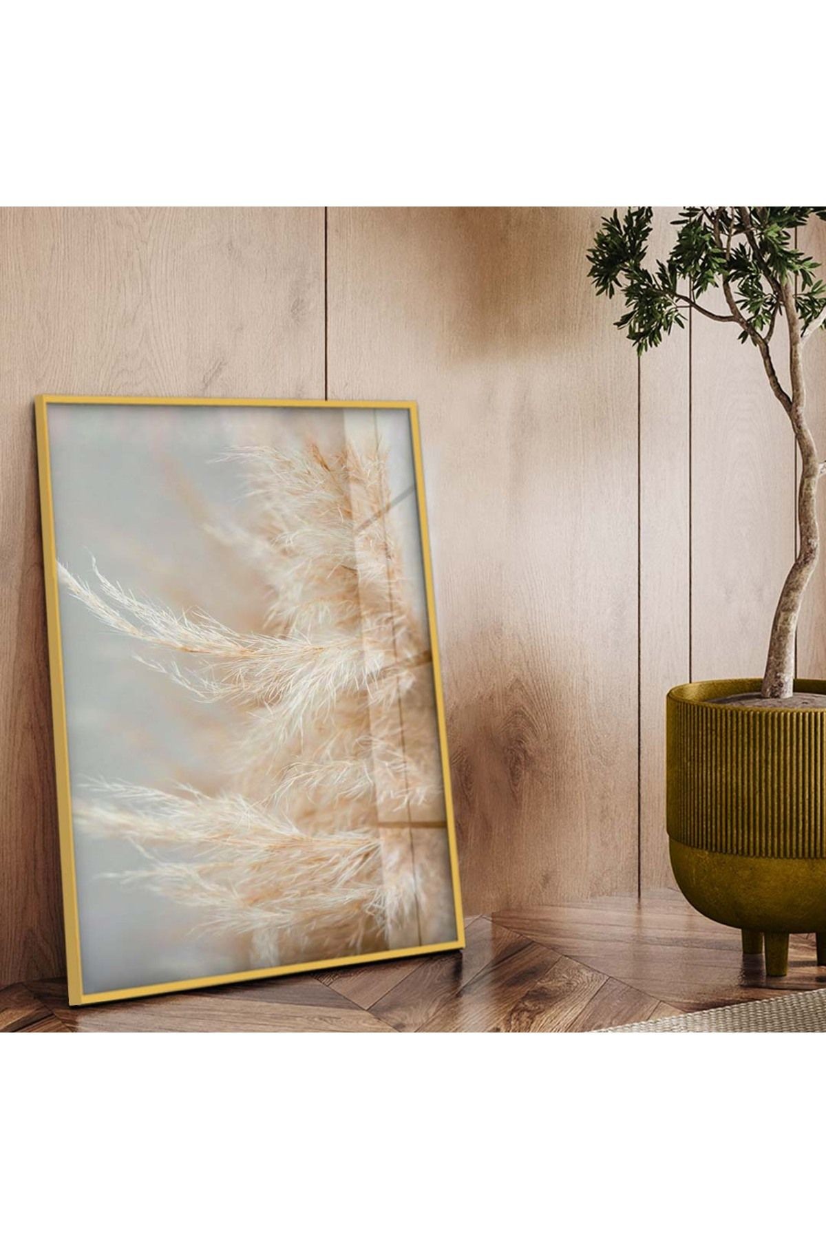 Gold Metal Çerçeveli Kurutulmuş Tüy Desen Kırılmaz Cam Tablo