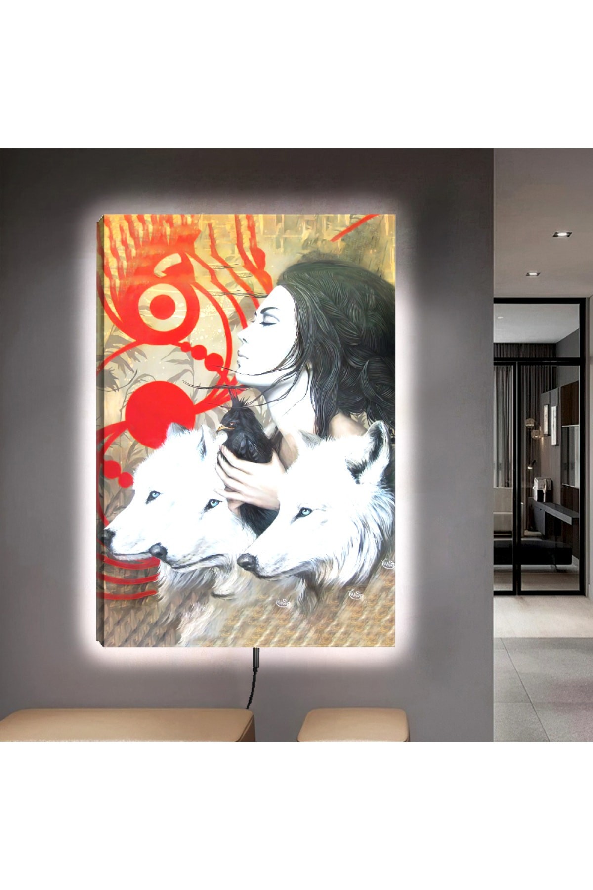 Renkli Ledli Hayvanlar Alemi Ahşap Şase Dijital Baskı Kanvas Tablo 90X60Cm