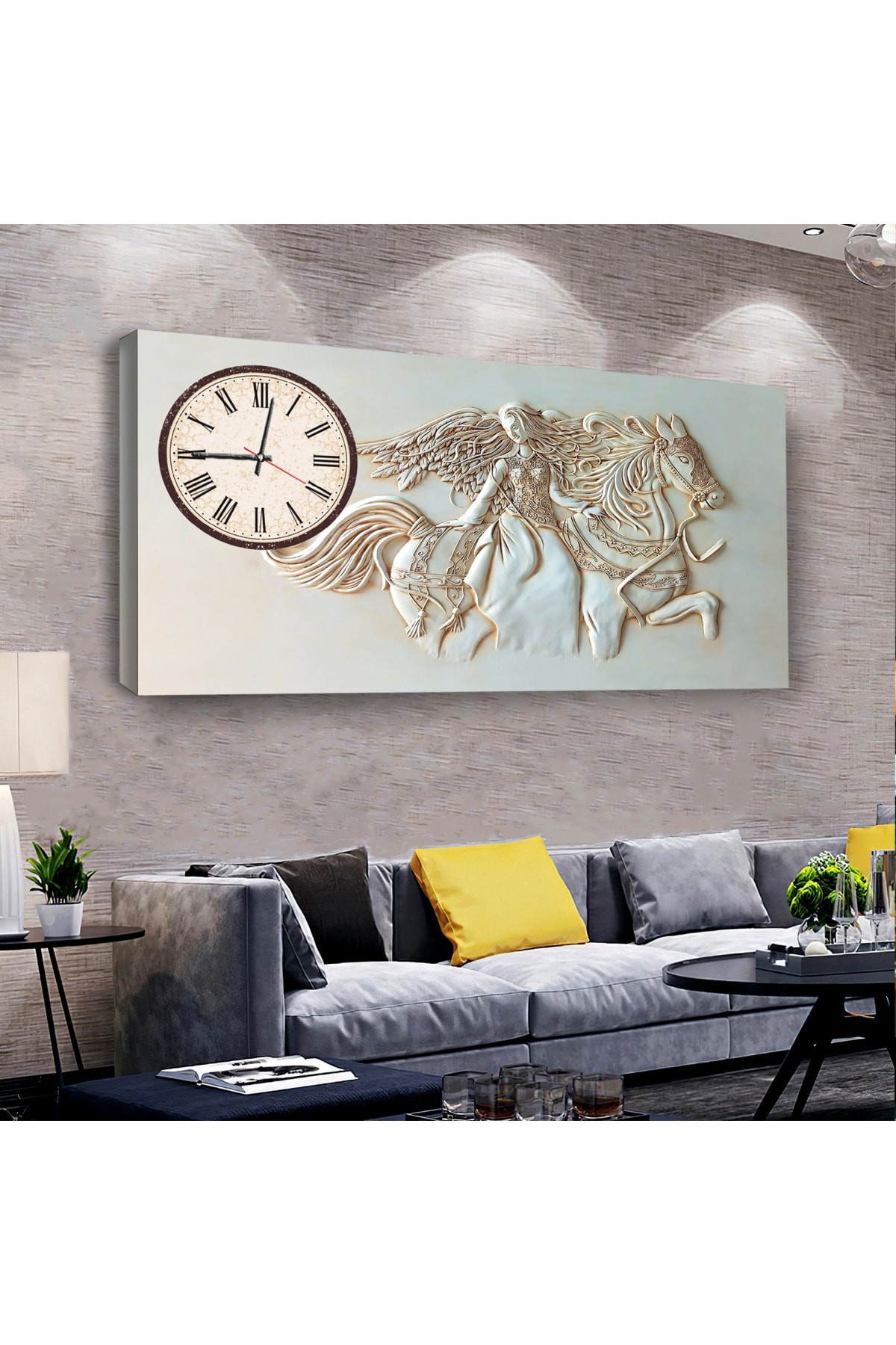 Motifli At Ve Kız saatliAhşap Şase Dijital Baskı Kanvas Tablo 100X50Cm