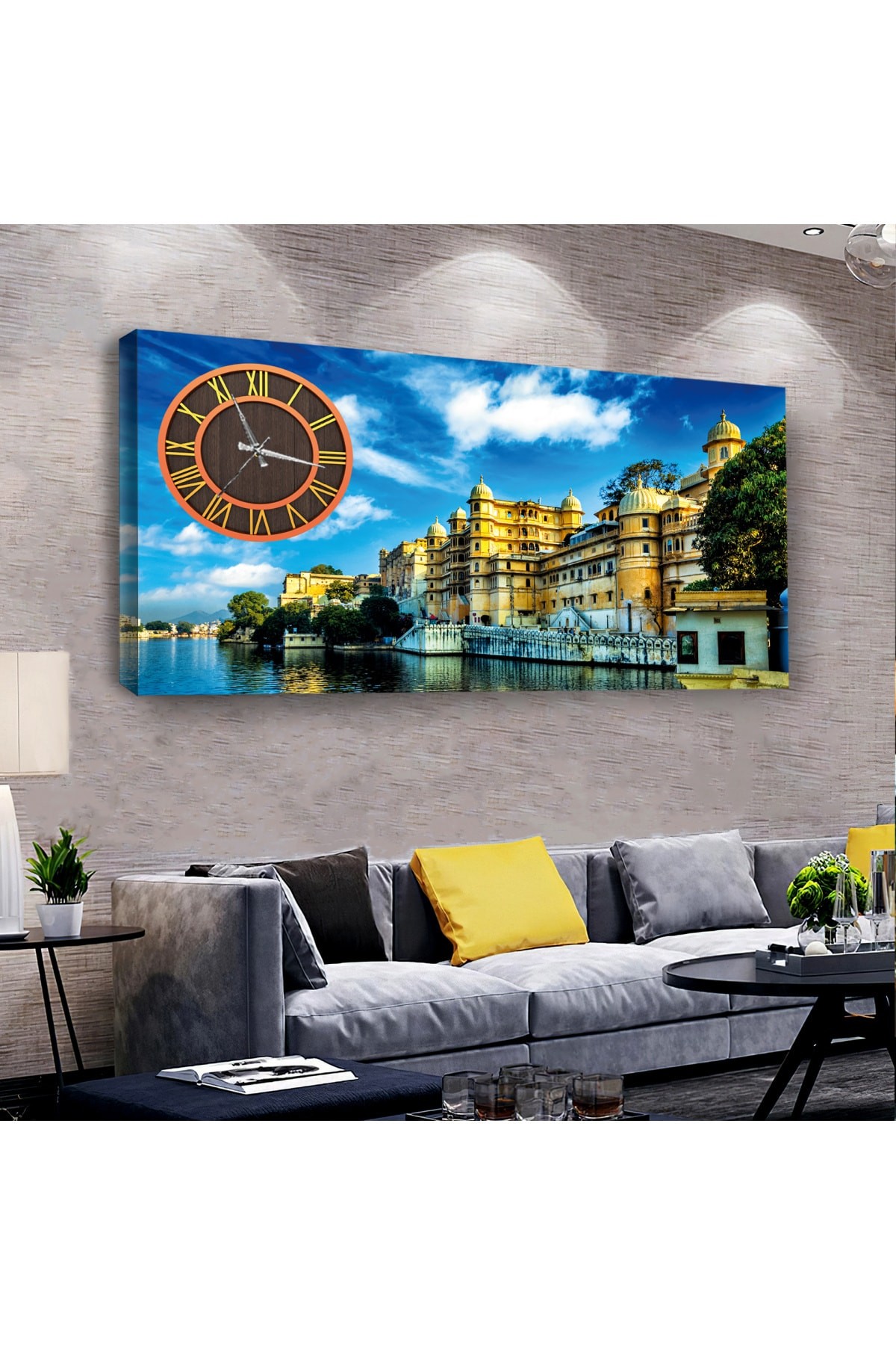 Ofis Tablosu Şehir Manzara saatliAhşap Şase Dijital Baskı Kanvas Tablo 100X50Cm