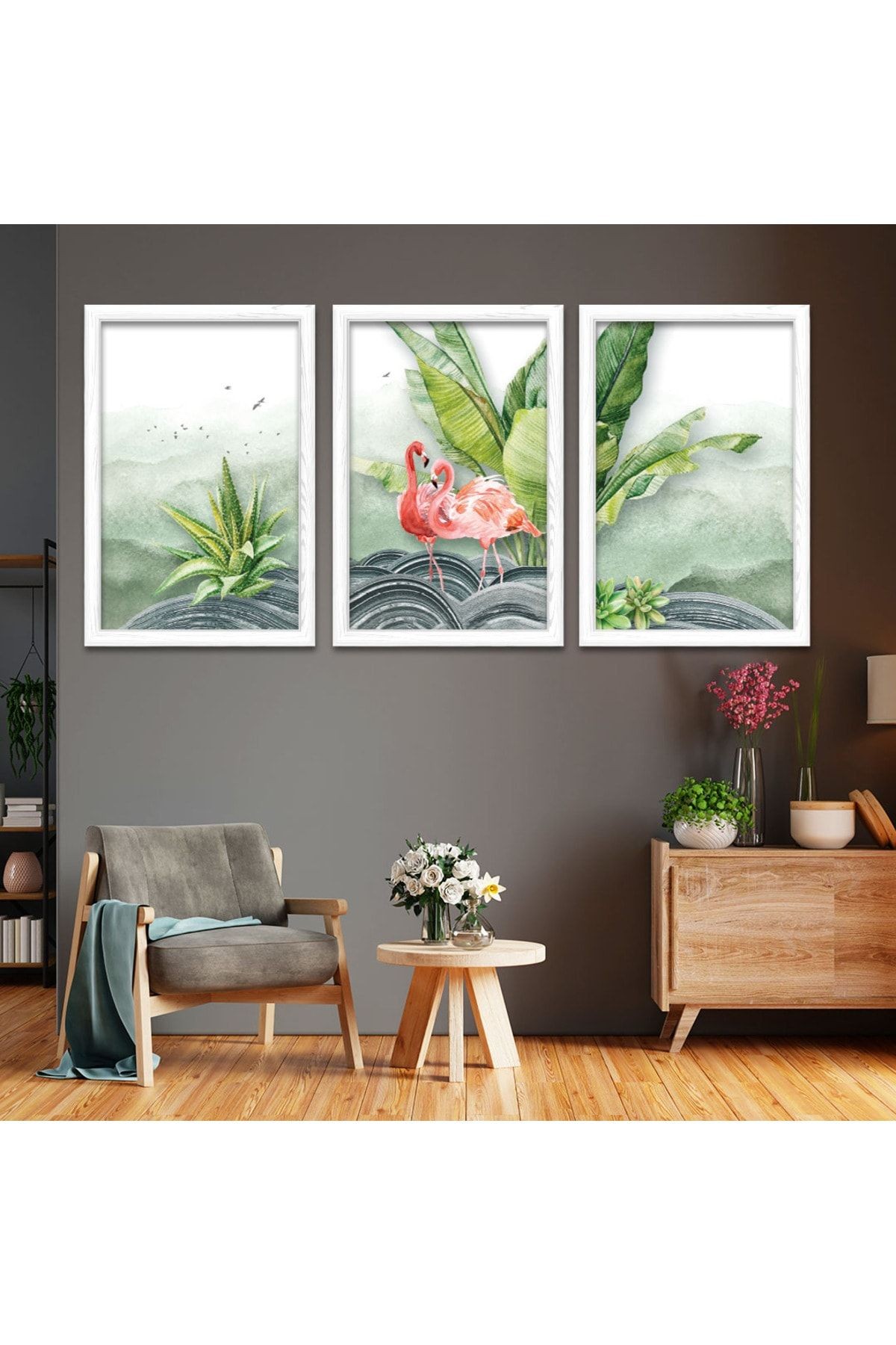 Beyaz Ahşap Çerçeveli Kolaj Çizim Flamingo Tablo
