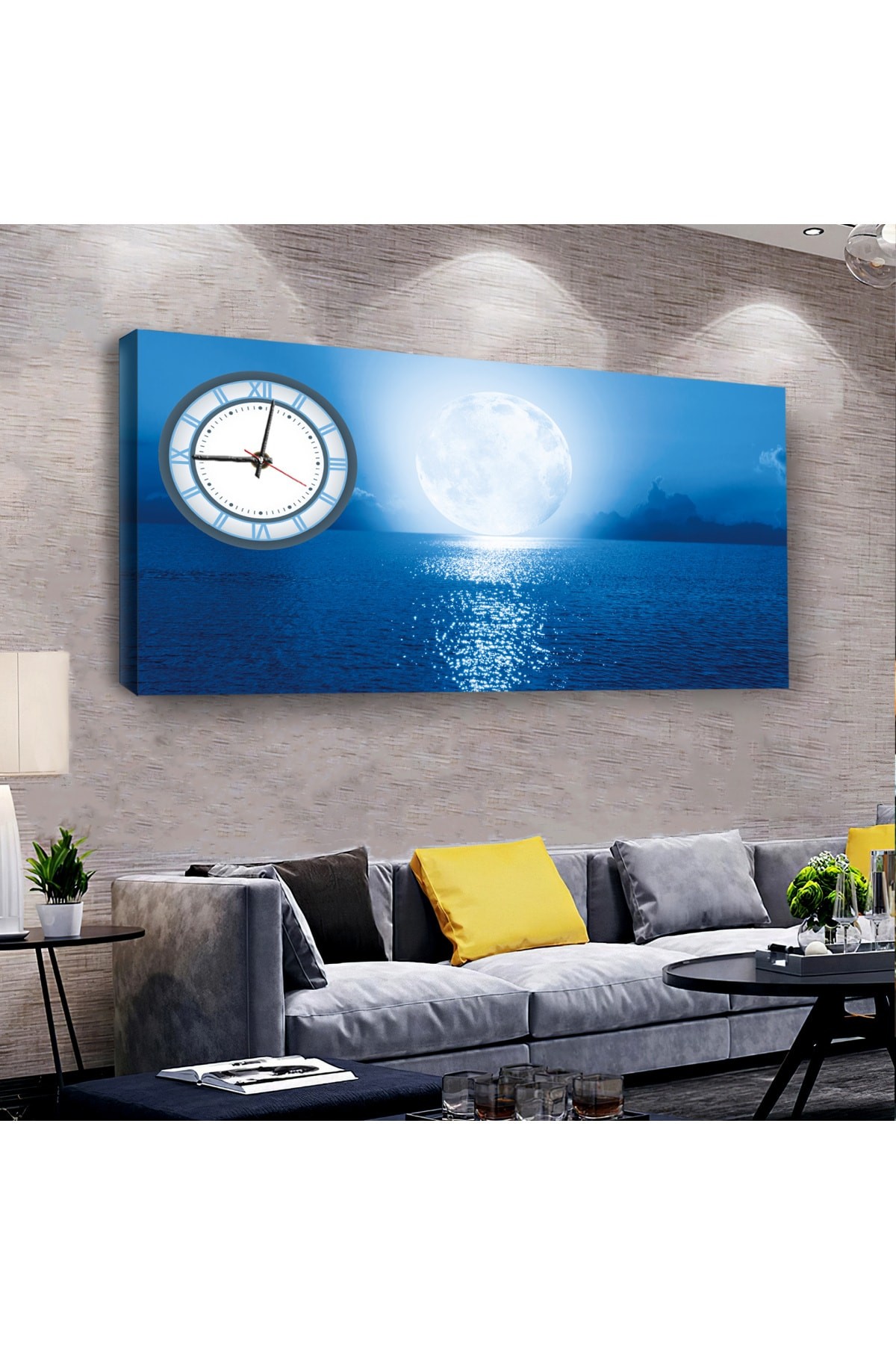 Salon Tablosu Dolunay Manzara saatliAhşap Şase Dijital Baskı Kanvas Tablo 100X50Cm