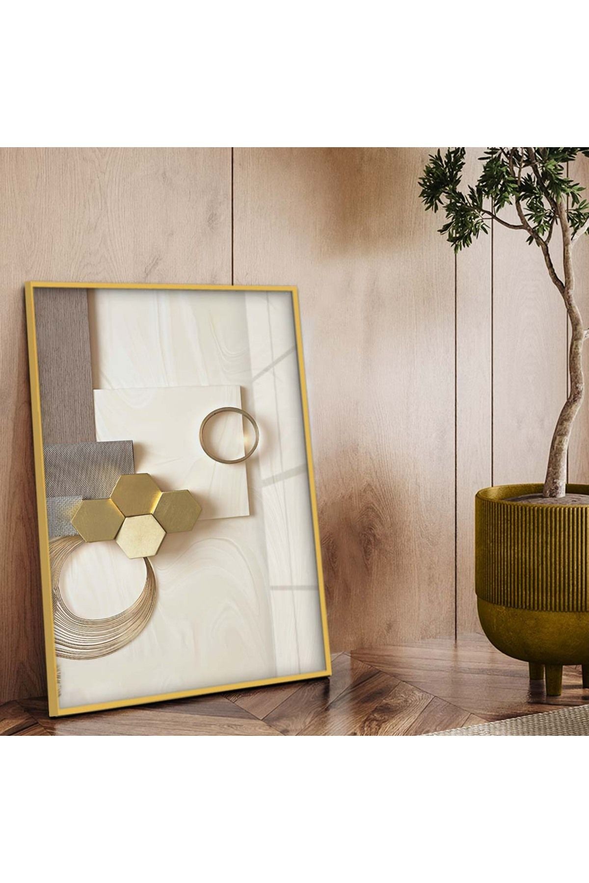 Gold Metal Çerçeveli Modern Çizim Soyut Tema Kırılmaz Cam Tablo
