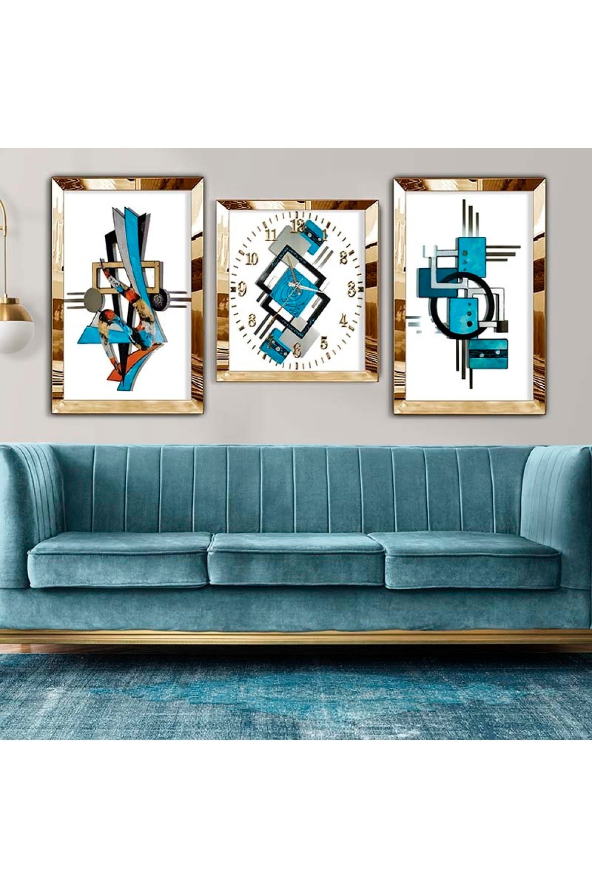 Tasarım Modern Tablo Gold Pleksi Kenar 3'Lü Solmaz MDF Tablo Saat Seti