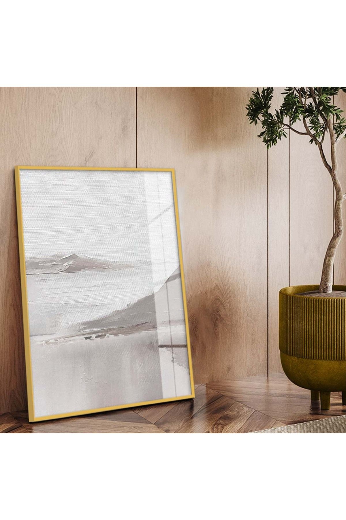 Gold Metal Çerçeveli Modern Çizim Dağ Tema Kırılmaz Cam Tablo