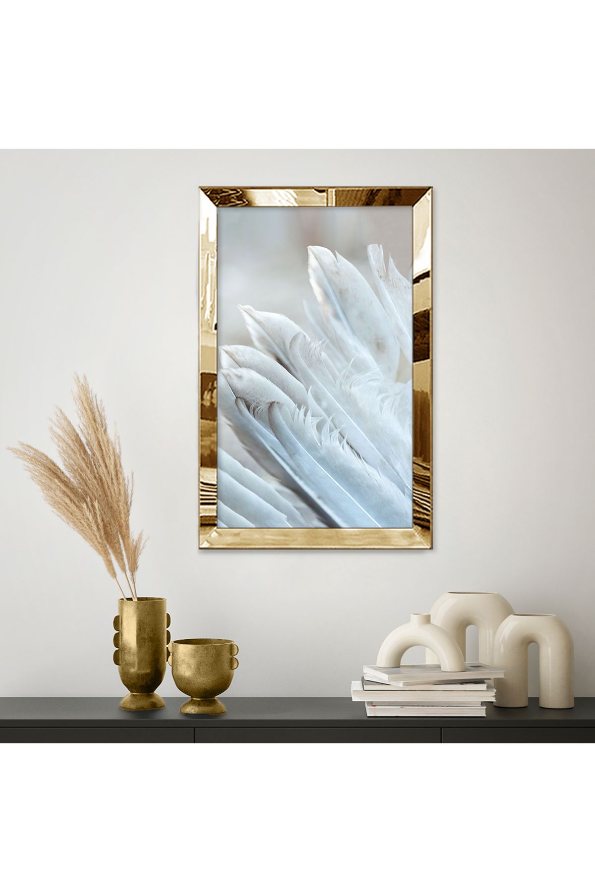 Gold Aynalı Pleksi Çerçeveli Beyaz Kuş Tüyleri Mdf Tablo