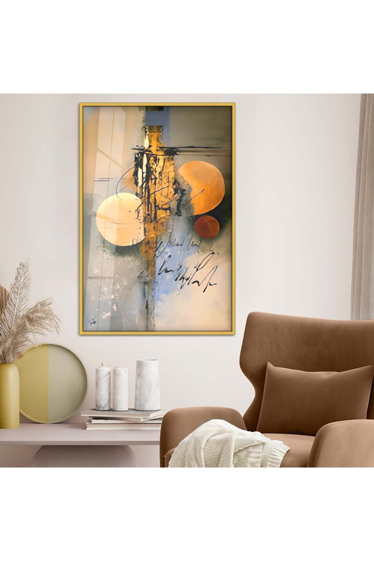 Gold Metal Çerçeveli Modern Çizim Kırılmaz Cam Tablo