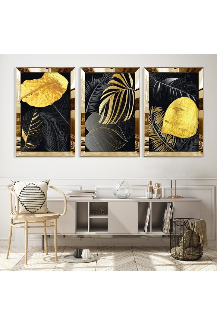 Modern Tablo Soyut Desen Yaprak Gold Pleksi Kenar 3'Lü Solmaz MDF Tablo