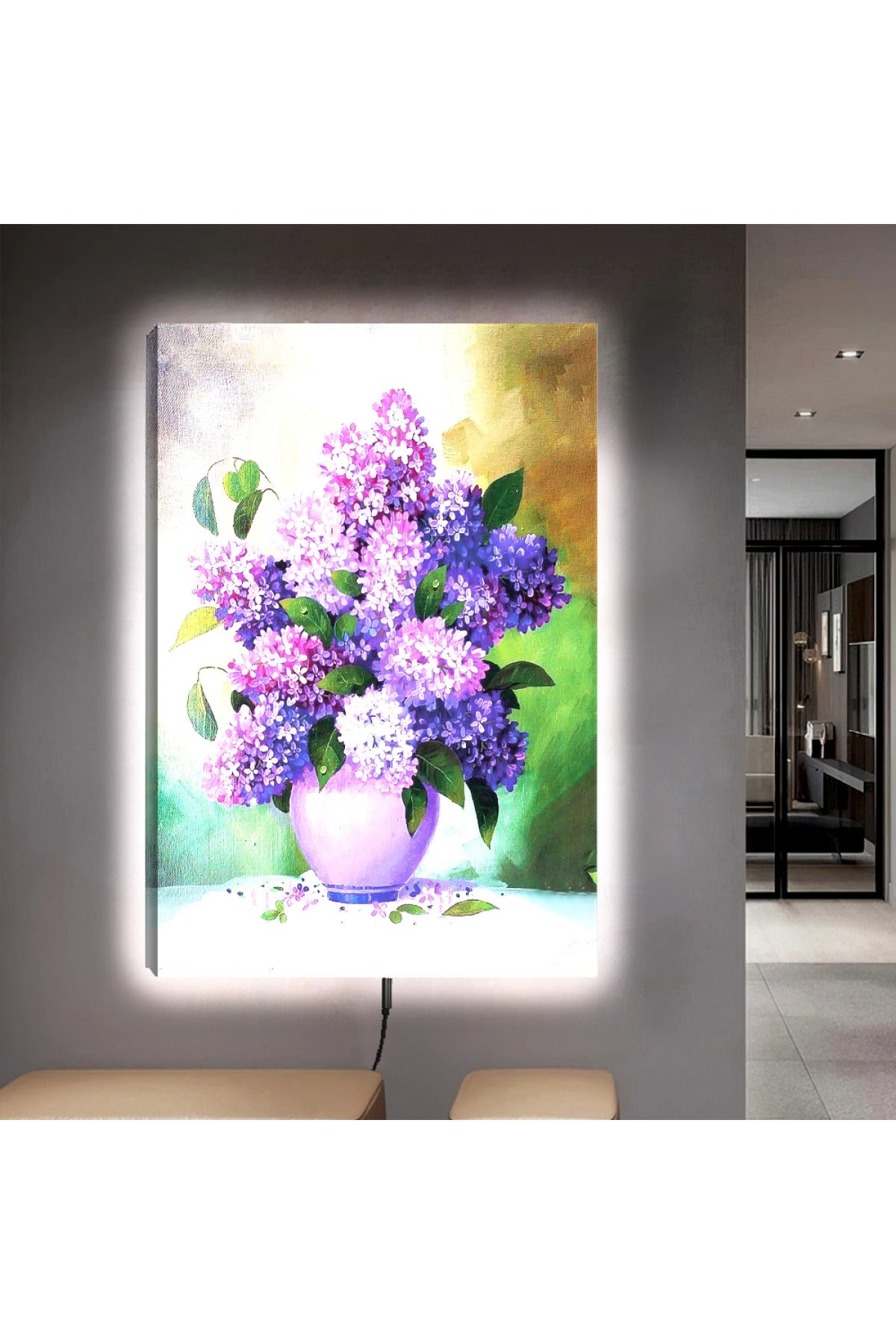 Modern Tablo Ledli Çiçek Ahşap Şase Dijital Baskı Kanvas Tablo 90X60Cm