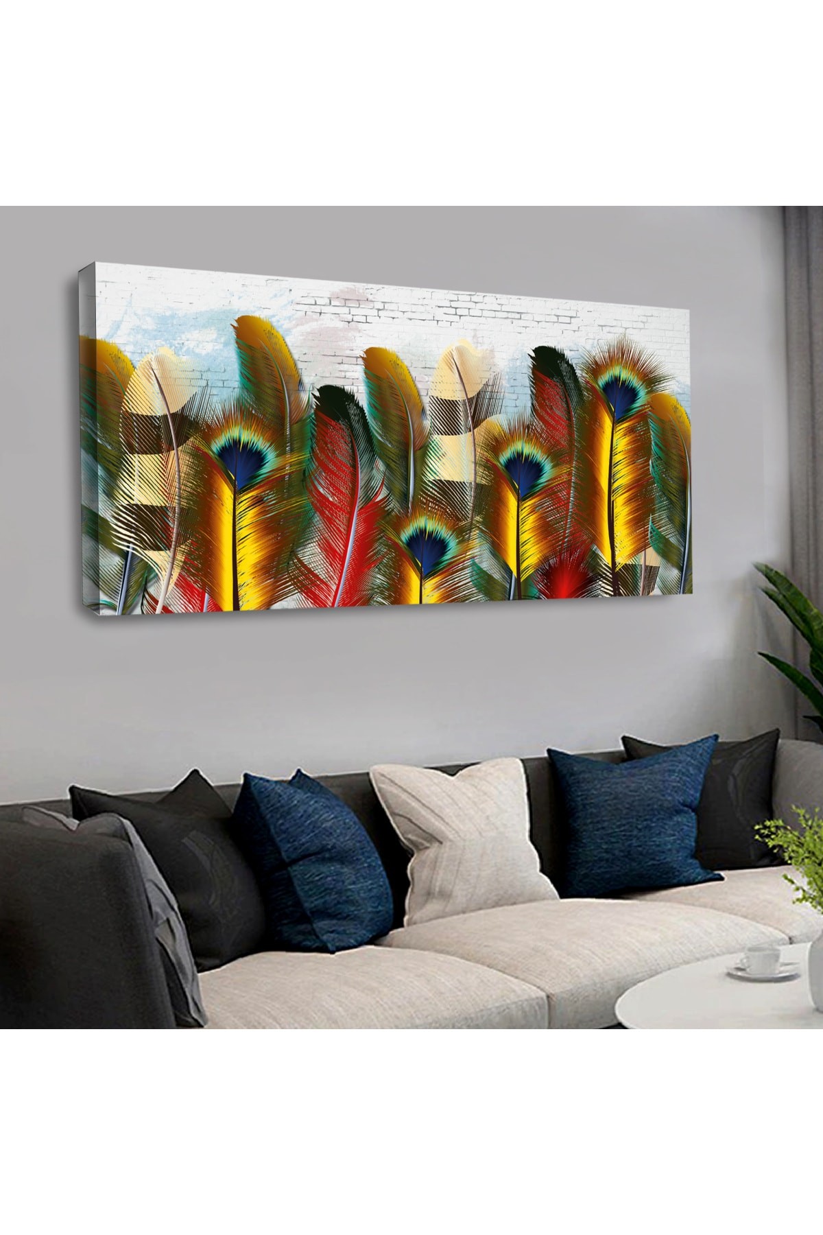 Ahşap Şase Dijital Baskı Kanvas Renkli Kuş Tüyü Tablo 120X60Cm