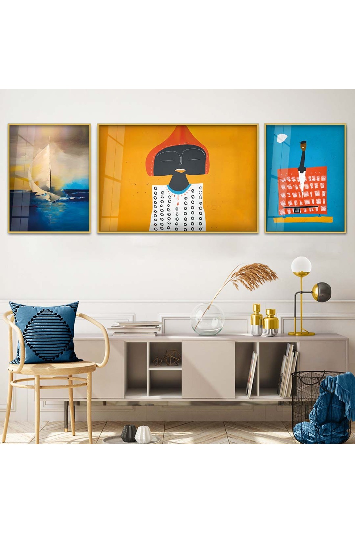 Canlı Minimalist Kolaj Çizim 3'Lü Metal Çerçeveli UV Baskı Kırılmaz Cam Tablo