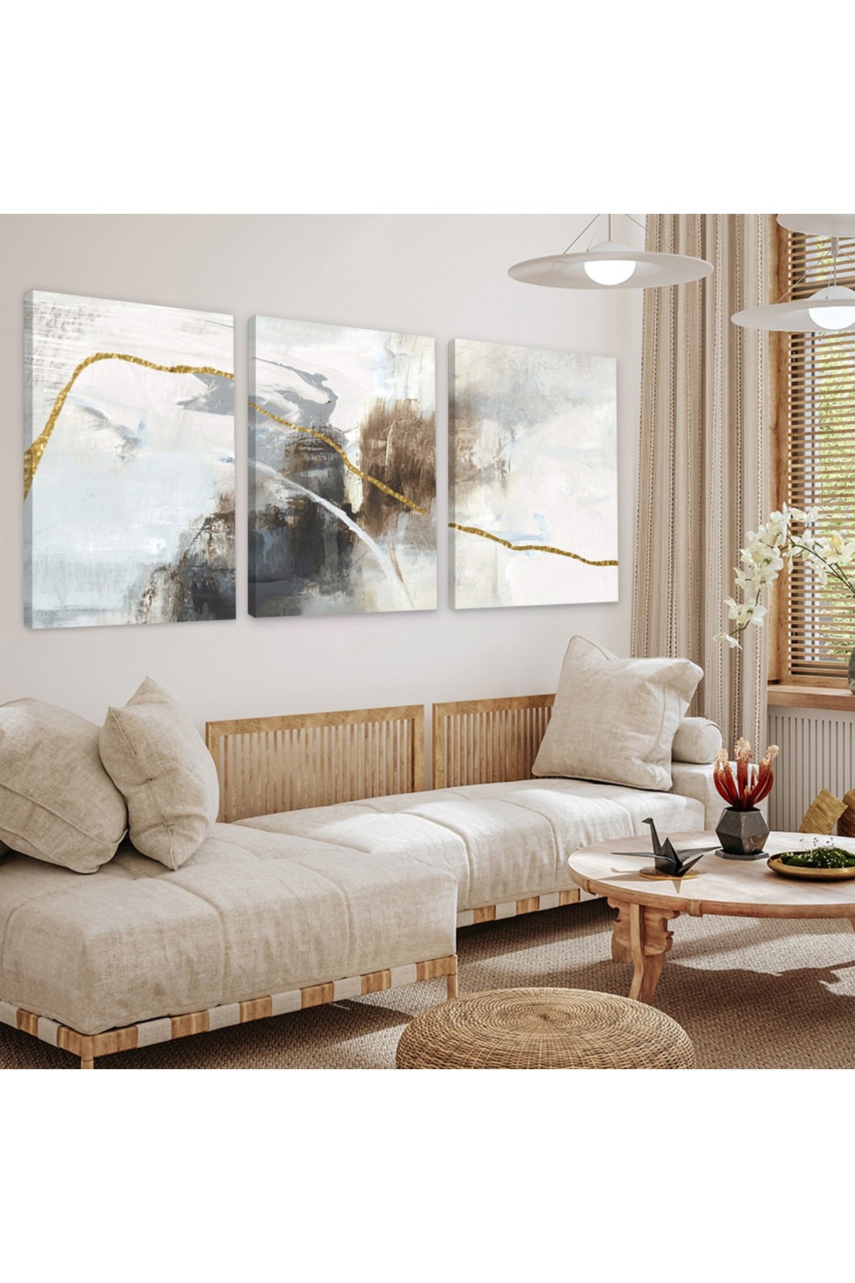 Renkli Minimalist Tablo Soyut Desen 3'Lü Ahşap Şase Dijital Baskı Kanvas Tablo