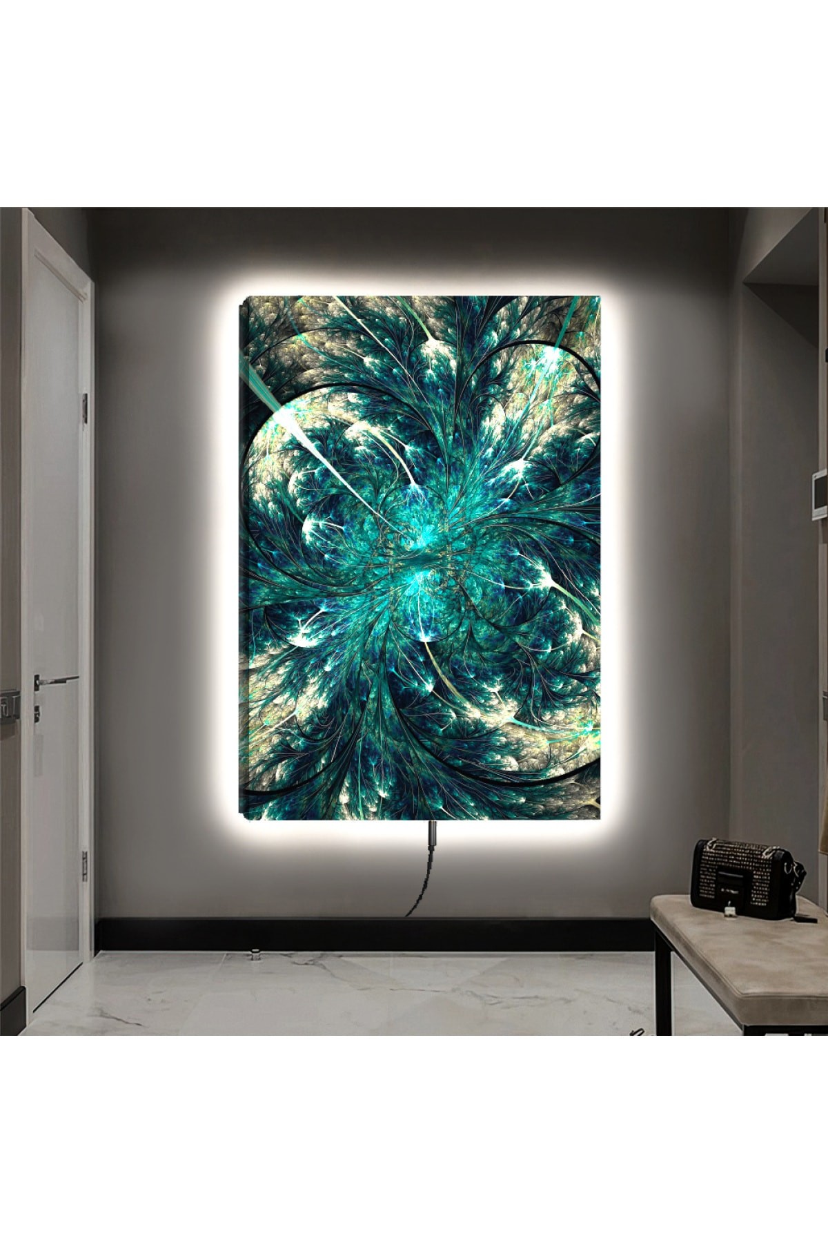 Renkli Ledli Mavi Modern Ahşap Şase Dijital Baskı Kanvas Tablo 90X60Cm