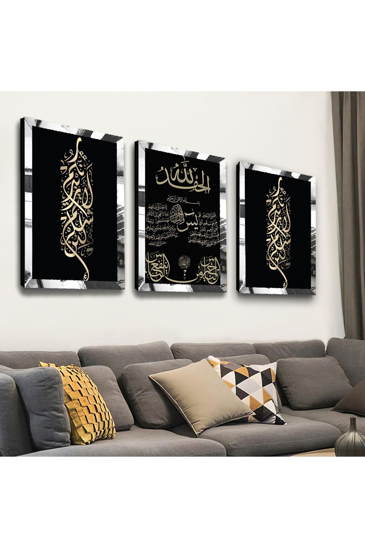 Gold Aynalı Pleksi Çerçevel Arapça Dua Dini Gold Üçlü Mdf Tablo Seti