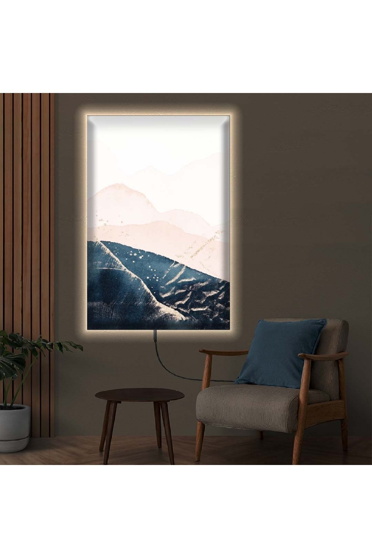 Tasarım Ledli Kolaj Çizim Dağ Ahşap Şase Dijital Baskı Kanvas Tablo 90X60Cm