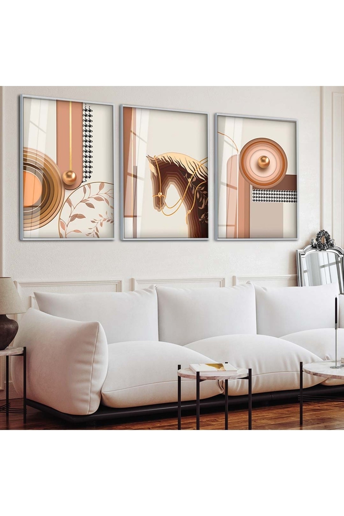 Minimal Tasarım Minimalist Soyut Desen 3'Lü Metal Çerçeveli UV Baskı Kırılmaz Cam Tablo